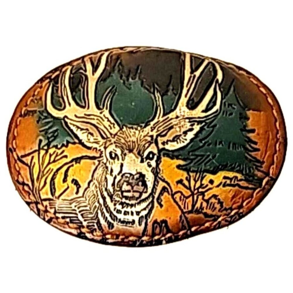 Vintage Torel Leather Embossed And Painted Deer Belt Buckle #3746 Yoakum Texas M